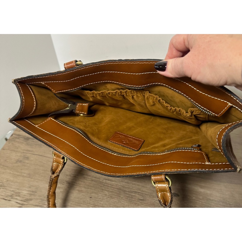 Patricia Nash Tooled Leather Tote Bag Cognac Brown Satchel Shoulder Bag - Picture 6 of 10